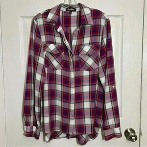 SAM EDELMAN Red, White, and Blue Plaid Woman Button Down | size Large